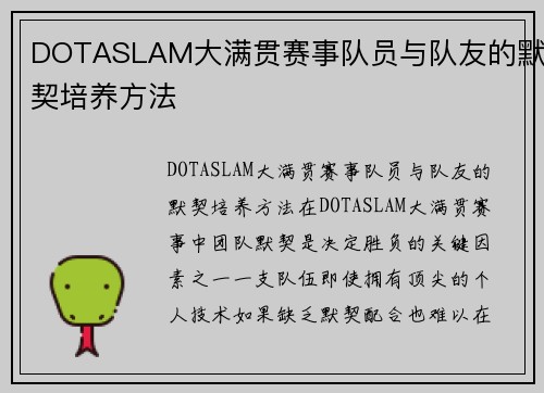 DOTASLAM大满贯赛事队员与队友的默契培养方法