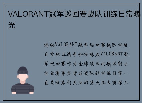 VALORANT冠军巡回赛战队训练日常曝光